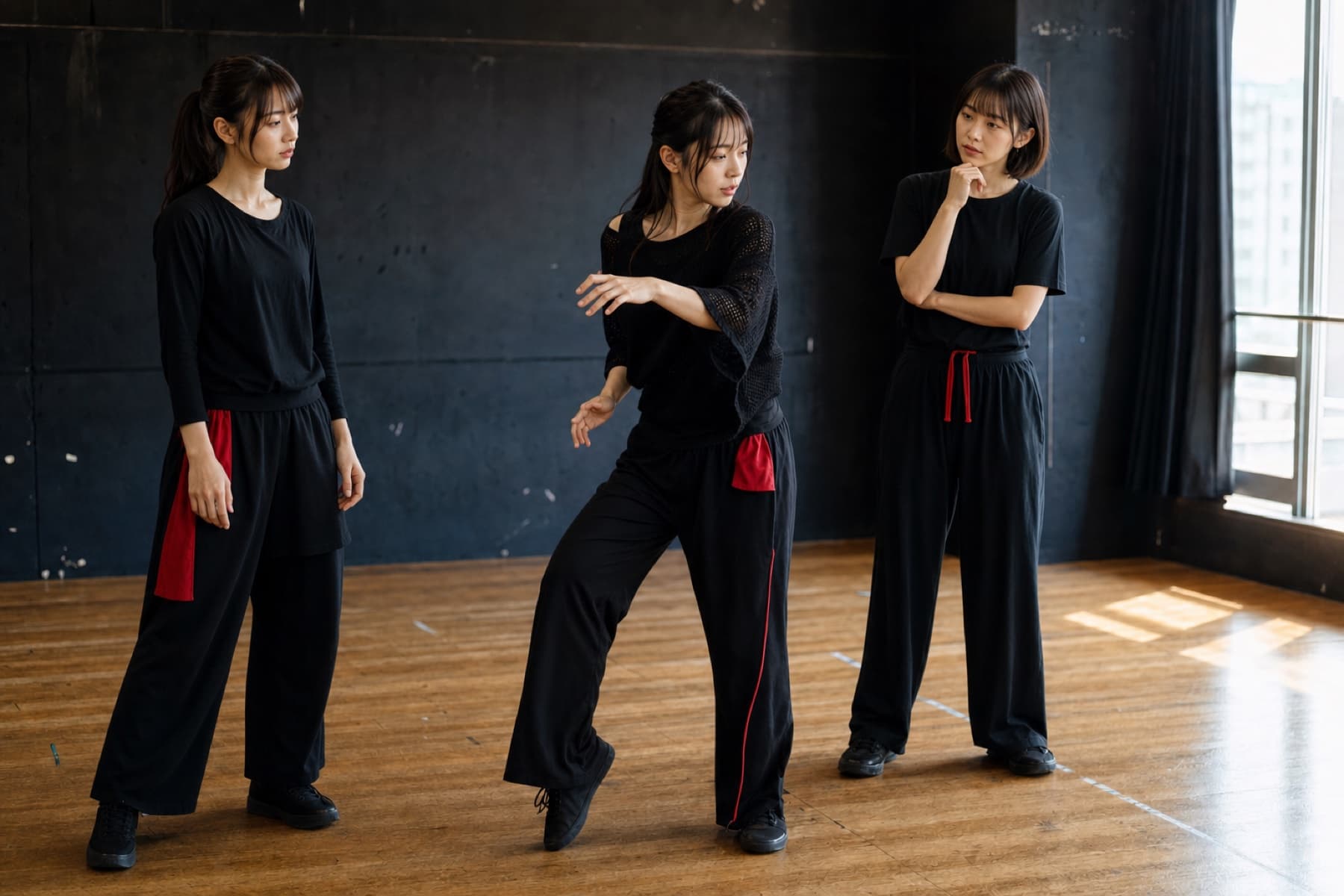 ダンススタジオで表現を確認し合う、20代の女性パフォーマーたち